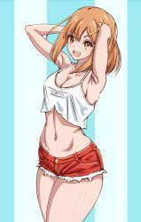 Rule 34 | 1girl, armpits, arms behind head, arms up, asairosora, atelier (series), atelier ryza, bare shoulders, blue background, breasts, bright pupils, cleavage, collarbone, cowboy shot, crop top, female focus, hair ornament, hairclip, happy, matching hair/eyes, medium breasts, midriff, navel, open mouth, orange eyes, orange hair, pocket, red shorts, reisalin stout, shiny skin, shirt, short hair, short shorts, shorts, sidelocks, sleeveless, sleeveless shirt, smile, solo, spaghetti strap, standing, stomach, striped, striped background, teeth, thick thighs, thighs, white pupils, white shirt