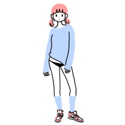 Rule 34 | 1girl, absurdres, air jordan, air jordan 1, black panties, blue shirt, blue socks, blunt bangs, commentary, contrapposto, expressionless, flat color, full body, highres, limited palette, long sleeves, looking at viewer, nike (company), original, panties, pink footwear, pink hair, shirt, shoes, short hair, simple background, sleeves past wrists, socks, solo, standing, twintails, underwear, white background, yuna s illust