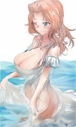 Rule 34 | 1girl, absurdres, blonde hair, blue eyes, blush, breasts, cleavage, closed mouth, commentary, dress, girls und panzer, hair intakes, halterneck, highres, kay (girls und panzer), kyougi sharyou, large breasts, long hair, no bra, no panties, ocean, off-shoulder dress, off shoulder, one eye closed, see-through, smile, solo, standing, sundress, wading, water, wet, wet clothes, white dress