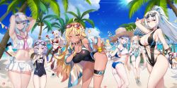Rule 34 | 6+girls, :q, ahoge, arm up, armpits, arms behind head, arms up, ass, bare arms, bare shoulders, beach, bent over, bikini, bikini under clothes, black choker, black one-piece swimsuit, blonde hair, blue bikini, blue eyes, braid, breasts, center opening, choker, cleavage, closed mouth, competition swimsuit, criss-cross halter, crop top, crop top overhang, dark-skinned female, dark skin, day, eyewear on head, food, goggles, goggles on head, green eyes, grey eyes, grin, hair ribbon, halterneck, hat, heterochromia, highleg, highleg bikini, highleg swimsuit, highres, ice cream, jacket, large breasts, long hair, looking at viewer, looking back, medium breasts, midriff, miniskirt, multi-strapped bikini, multiple girls, navel, neckerchief, off shoulder, official art, old school swimsuit, one-piece swimsuit, one eye closed, open clothes, open jacket, open mouth, outdoors, outerplane, over-rim eyewear, palm tree, pleated skirt, pointy ears, ponytail, purple hair, red-framed eyewear, red bikini, red eyes, ribbon, sailor collar, school swimsuit, school uniform, see-through, semi-rimless eyewear, serafuku, serin199, shirt, side-tie bikini bottom, skirt, sleeveless, sleeveless shirt, smile, standing, stomach, string bikini, sun hat, sunglasses, sunlight, sweat, swimsuit, thigh strap, thighs, third-party source, tinted eyewear, tongue, tongue out, transparent, tree, twin braids, twintails, twisted torso, v, very long hair, visor cap, wet, white hair, white jacket, white shirt, white skirt, wrist ribbon