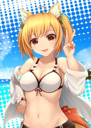 Rule 34 | 1girl, :d, absurdres, ahoge, animal ears, arknights, bare shoulders, bikini, blonde hair, blue sky, breasts, cleavage, cloud, collarbone, commentary request, day, engawa (organic sushi), hair ornament, hand on own hip, hand up, highres, jacket, large breasts, long sleeves, looking at viewer, nail polish, navel, open clothes, open jacket, open mouth, outdoors, partial commentary, red eyes, red nails, short hair, sky, smile, solo, sora (arknights), sora (summer flowers) (arknights), stomach, swimsuit, twintails, upper body, v, white bikini, white jacket, wolf ears