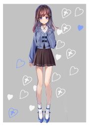 Rule 34 | 1girl, absurdres, ankle lace-up, blue footwear, blue jacket, blush, bow, brown hair, brown skirt, chano hinano, collared shirt, commentary request, cross, cross-laced footwear, fingernails, grey background, hair bow, hand up, heart, highres, jacket, latin cross, long hair, long sleeves, original, parted lips, pleated skirt, purple eyes, shirt, skirt, sleeves past wrists, socks, solo, two-tone background, white background, white bow, white shirt, white socks