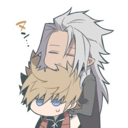 2boys black_coat_(kingdom_hearts) blonde_hair blue_eyes chibi chibi_only closed_eyes dark-skinned_male dark_skin grey_hair hand_on_another&#039;s_head hug kingdom_hearts kingdom_hearts_ii long_hair long_sleeves lowres male_focus multiple_boys no_nose nukaduke000 pointy_ears roxas shirt short_hair spiked_hair sweatdrop white_background xemnas yaoi