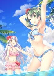 Rule 34 | 10s, 2girls, alternate costume, armpits, arms up, bikini, blue sky, breasts, cleavage, collarbone, commentary request, day, flower, frilled bikini, frills, front-tie top, green eyes, hair flower, hair ornament, hair ribbon, hairband, kantai collection, long hair, looking at viewer, medium breasts, minakami nagara, multiple girls, navel, open mouth, outdoors, ribbon, shoukaku (kancolle), sky, smile, swimsuit, tree, twintails, water, zuikaku (kancolle)