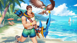 Rule 34 | 1boy, artist request, bara, bare arms, bare shoulders, beach, bird, bow (weapon), brown hair, bulge, day, eagle, eddie (gyee), full body, green male swimwear, gyee, highres, holding, holding weapon, hood, hoodie, male focus, male swimwear, muscular, muscular male, official alternate costume, official art, official wallpaper, outdoors, pectorals, shirt, shoes, short hair, sleeveless, sleeveless hoodie, smile, sneakers, solo, swim trunks, tight clothes, tight shirt, weapon, white shirt
