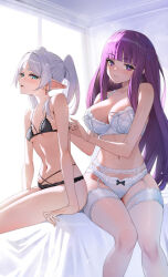 Rule 34 | 2girls, aqua eyes, bare arms, bare shoulders, black bra, black panties, blunt bangs, bow, bow panties, bra, breasts, cleavage, closed mouth, commentary request, ear piercing, fern (sousou no frieren), frieren, garter straps, grey hair, highres, large breasts, lingerie, long hair, looking at viewer, multiple girls, panties, parted lips, piercing, purple eyes, purple hair, raijuu (bakanara), sitting, small breasts, sousou no frieren, thick eyebrows, thighhighs, thighs, twintails, twitter username, underwear, underwear only, white bra, white garter straps, white panties, white thighhighs