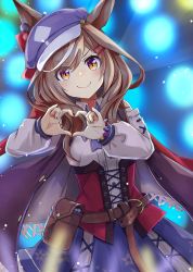 Rule 34 | 1girl, akisome hatsuka, animal ears, belt, belt pouch, blurry, blurry background, blush, brown hair, commentary request, hair ornament, hairclip, hat, heart, heart hands, horse girl, jacket, looking at viewer, matikane tannhauser (umamusume), medium hair, pouch, solo, stage, umamusume, yellow eyes