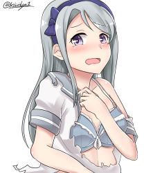 Rule 34 | 10s, 1girl, absurdres, asymmetrical bangs, blush, bra, covering privates, covering breasts, grey bra, hairband, highres, kantai collection, kiritto, long hair, looking at viewer, open mouth, purple eyes, purple hairband, sagiri (kancolle), sailor collar, school uniform, serafuku, short sleeves, silver hair, simple background, solo, swept bangs, torn clothes, twitter username, underwear, upper body, white background