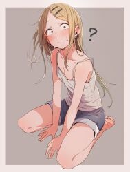 Rule 34 | 1girl, ?, bare legs, bare shoulders, barefoot, blonde hair, blue shorts, blush, border, breasts, cleavage, closed mouth, collarbone, dagashi kashi, ear piercing, earrings, eitopondo, endou saya, eyelashes, feet, forehead, full body, grey background, grey border, hair ornament, hairclip, highres, jewelry, long hair, looking at viewer, on ground, parted bangs, piercing, short shorts, shorts, sitting, small breasts, soles, solo, sweatdrop, tank top, thighs, toes, white tank top
