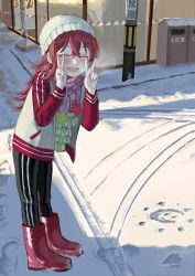 Rule 34 | 1 kozin, 1girl, :d, absurdres, black pants, blush, coat, day, double v, closed eyes, footprints, full body, highres, idolmaster, idolmaster shiny colors, komiya kaho, long hair, open mouth, outdoors, pale skin, pants, pink scarf, red footwear, red hair, scarf, scenery, shade, smile, snow, solo, star (symbol), trash can, v, white headwear