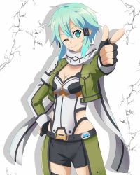 Rule 34 | 1girl, blue eyes, blue hair, highres, pointing, pointing at viewer, sinon, solo, sword art online, tagme