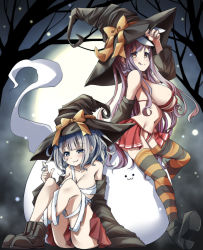 Rule 34 | 2girls, :3, :q, absurdres, adjusting clothes, adjusting headwear, animal ears, bandages, bare shoulders, bikini, black footwear, black headwear, black sleeves, black thighhighs, bow, breasts, closed mouth, detached sleeves, fang, full moon, grey hair, halloween, halloween costume, halterneck, hat, hat bow, highres, konpaku youmu, konpaku youmu (ghost), large breasts, light particles, long hair, looking at viewer, medium hair, miniskirt, moon, multiple girls, navel, night, orange bow, orange thighhighs, outdoors, pegashi, pleated skirt, purple hair, rabbit ears, red bikini, red eyes, red skirt, reisen udongein inaba, sarashi, shoes, short hair, sitting, skin fang, skirt, smile, string bikini, striped clothes, striped thighhighs, swimsuit, thighhighs, tongue, tongue out, touhou, witch hat