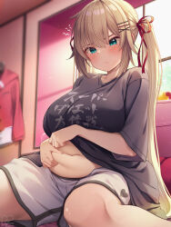 Rule 34 | 1girl, akai haato, aqua eyes, belly, belly grab, blonde hair, blush, breasts, casual, closed mouth, clothes lift, from below, hair between eyes, hair ornament, hair ribbon, highres, hololive, indoors, large breasts, long hair, magowasabi, navel, oversized clothes, oversized shirt, plump, print shirt, red ribbon, ribbon, shirt, shirt lift, short shorts, shorts, sitting, solo, squeezing, translation request, twintails, very long hair, virtual youtuber, wariza, x hair ornament