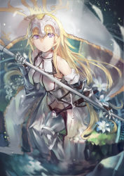 Rule 34 | 1girl, armor, armored boots, azomo, bare shoulders, belt, boots, chain, couter, fate/apocrypha, fate (series), feathers, gauntlets, grey footwear, highres, jeanne d&#039;arc (fate), jeanne d&#039;arc (ruler) (fate), jeanne d&#039;arc (third ascension) (fate), long hair, looking up, armored boots, purple eyes, sitting, solo, standard bearer, thigh boots, thighhighs, very long hair, water, weapon, wet