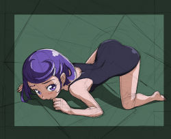 Rule 34 | 1girl, ass, curly hair, dokidoki! precure, eyelashes, gradient background, green background, hair ornament, hairclip, kenzaki makoto, looking at viewer, one-piece swimsuit, precure, purple eyes, purple hair, rohitsuka, short hair, solo, swimsuit
