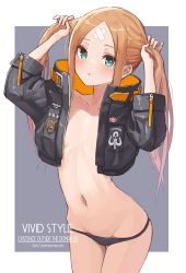 Rule 34 | 1girl, abigail williams (fate), abigail williams (traveling outfit) (fate), absurdres, bandaid, bandaid on face, bandaid on forehead, black jacket, black panties, blonde hair, blue eyes, border, breasts, collarbone, cropped jacket, crossed bandaids, duplicate, fate/grand order, fate (series), grey background, highres, holding, holding own hair, jacket, kopaka (karda nui), long sleeves, looking at viewer, navel, official alternate costume, open clothes, open jacket, panties, parted bangs, sidelocks, small breasts, solo, thighs, underwear, white border