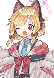 Rule 34 | 1girl, ;d, animal ear headphones, animal ears, black skirt, blonde hair, blue archive, blue necktie, bow, codename jaroa, collared shirt, commentary request, dress shirt, fake animal ears, hair bow, halo, headphones, highres, jacket, long sleeves, looking at viewer, momoi (blue archive), necktie, off shoulder, one eye closed, open clothes, open jacket, open mouth, pleated skirt, red bow, red eyes, shirt, short necktie, sidelocks, simple background, skirt, sleeves past fingers, sleeves past wrists, smile, solo, suspender skirt, suspenders, white background, white jacket, white shirt