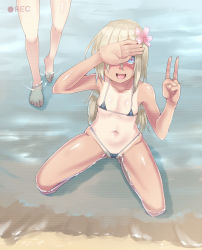 Rule 34 | 10s, 1girl, beach, bikini, blue eyes, breasts, covering one eye, flower, hair flower, hair ornament, i-168 (kancolle), kantai collection, micro bikini, one-piece tan, recording, ro-500 (kancolle), silver bell (artist), small breasts, swimsuit, tan, tanline, v