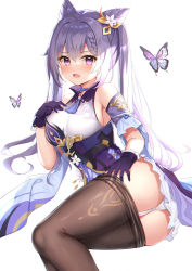Rule 34 | 1girl, ass, bare shoulders, blush, breasts, brown pantyhose, bug, butterfly, clothes pull, cone hair bun, dress, eric (tianqijiang), genshin impact, gloves, hair bun, hair ornament, highres, insect, keqing (genshin impact), large breasts, long hair, looking at viewer, open mouth, panties, pantyhose, pantyhose pull, purple dress, purple eyes, purple gloves, purple hair, swept bangs, twintails, underwear, white panties