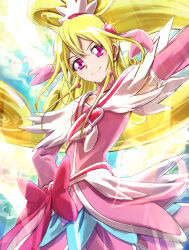 Rule 34 | 1girl, aida mana, blonde hair, bow, brooch, choker, clear glass (mildmild1311), cure heart, dokidoki! precure, earrings, gradient background, hair ornament, half updo, heart, heart brooch, heart earrings, heart hair ornament, high ponytail, highres, jewelry, long hair, looking at viewer, magical girl, pink bow, pink choker, pink eyes, pink sleeves, ponytail, precure, smile, solo, upper body, wide ponytail