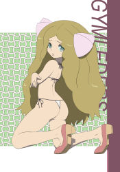 Rule 34 | 1girl, arched back, ass, bikini, blonde hair, caitlin (pokemon), commentary request, creatures (company), eyelashes, full body, game freak, grey eyes, highres, kneeling, long hair, looking at viewer, looking back, makoto daikichi, nintendo, outline, parted bangs, pink footwear, pokemon, pokemon dppt, pokemon platinum, raised eyebrows, shoes, sidelocks, solo, swimsuit, tiptoes, white bikini