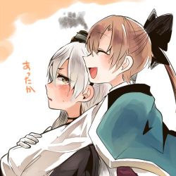 Rule 34 | &gt;:o, 10s, 2girls, :o, akigumo (kancolle), amatsukaze (kancolle), bad id, bad twitter id, blush, brown hair, closed eyes, hair ribbon, hair tubes, hug, hug from behind, itomugi-kun, kantai collection, long hair, lowres, multiple girls, open mouth, pleated skirt, ponytail, ribbon, school uniform, skirt, smile, two side up, v-shaped eyebrows, vest, white hair