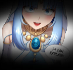 Rule 34 | 1girl, 1nilla&#039;, :d, ayaka (genshin impact), blue eyes, blue hair, blurry, blush, brooch, commentary, cosplay, english commentary, genshin impact, highres, jewelry, long hair, long sleeves, looking at viewer, neck ring, nilou (genshin impact), nilou (genshin impact) (cosplay), open mouth, simple background, smile, solo, speech bubble, veil, white background