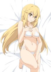 Rule 34 | 1girl, alluremyth, bed sheet, bikini, blonde hair, breasts, cleavage, closed mouth, collarbone, foot out of frame, from above, hair between eyes, hand on own chest, hand on own thigh, highres, knee up, large breasts, long hair, looking at viewer, lying, navel, on back, shokuhou misaki, side-tie bikini bottom, smile, solo, sparkling eyes, string bikini, swimsuit, toaru kagaku no mental out, toaru kagaku no railgun, toaru majutsu no index, toes, white bikini, yellow eyes