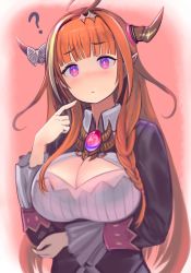 Rule 34 | 1girl, ?, ahoge, black jacket, blonde hair, blunt bangs, blush, bow, braid, breast hold, breasts, brooch, cleavage, cleavage cutout, clothing cutout, collared shirt, cowboy shot, dragon girl, dragon horns, enumiyaa, frilled sleeves, frills, hairband, highres, hololive, horn bow, horn ornament, horns, index finger raised, jacket, jewelry, kiryu coco, kiryu coco (1st costume), large breasts, long hair, long sleeves, looking at viewer, multicolored hair, orange background, orange hair, pink eyes, pointing, pointing at self, shirt, side braid, sidelocks, simple background, solo, two-tone hair, virtual youtuber