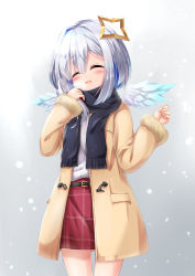 Rule 34 | 1girl, :d, ^ ^, absurdres, alternate costume, amane kanata, angel, angel wings, arm up, asymmetrical bangs, asymmetrical hair, black scarf, blue hair, blue wings, blush, bob cut, closed eyes, coat, colored inner hair, feathered wings, gradient eyes, gradient wings, hair over one eye, halo, highres, hololive, mini wings, miniskirt, multicolored eyes, multicolored hair, multicolored wings, open mouth, pink hair, purple eyes, red skirt, ribbed shirt, scarf, shirt, short hair, silver hair, single hair intake, skirt, smile, snowing, solo, star halo, streaked hair, trench coat, virtual youtuber, white wings, wings, winter clothes, yukikawa sara