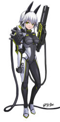 Rule 34 | 1girl, animal ears, arm at side, armor, assault rifle, backpack, bag, bodysuit, cable, commentary request, cyborg, fake animal ears, green eyes, gun, highres, holding, holding gun, holding weapon, looking at viewer, original, rifle, short hair, signature, simple background, skin tight, solo, standing, sunao (70 the), weapon, white background, white hair