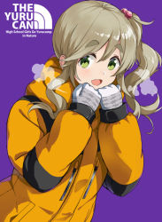 Rule 34 | 1girl, :d, blush, coat, commentary request, copyright name, english text, fang, gloves, green eyes, hair bobbles, hair ornament, hands up, hood, hood down, hooded coat, inuyama aoi, long sleeves, mirai denki, open mouth, purple background, side ponytail, sidelocks, simple background, skin fang, smile, solo, the north face, thick eyebrows, upper body, white gloves, yellow coat, yurucamp, zipper