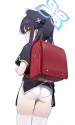 Rule 34 | 1girl, accidental exposure, animal ears, ass, backpack, bag, banxuan c2ka, black dress, black hair, blue archive, blue halo, blush, clothes lift, cowboy shot, dress, green eyes, halo, long hair, looking at viewer, looking back, panties, randoseru, short sleeves, shun (blue archive), shun (small) (blue archive), simple background, skirt, skirt lift, solo, thighhighs, two side up, underwear, white background, white panties, white thighhighs
