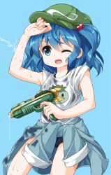 Rule 34 | 1girl, bare arms, blue background, blue eyes, blue hair, blue jacket, blue one-piece swimsuit, clothes around waist, commentary request, cowboy shot, green hat, gun, hair between eyes, hair bobbles, hair ornament, hand to head, hand up, hat, highres, holding, holding gun, holding weapon, jacket, jacket around waist, kappa, kawashiro nitori, one-piece swimsuit, one eye closed, open mouth, ruu (tksymkw), shirt, short hair, short sleeves, simple background, solo, standing, swept bangs, swimsuit, swimsuit under clothes, thighs, touhou, two side up, water, water drop, water gun, weapon, wet, wet clothes, white shirt