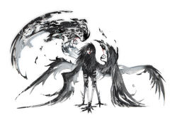 Rule 34 | animal feet, bandaged leg, bandages, black feathers, black hair, black wings, colored skin, creature, feathers, full body, goth fashion, highres, kamikiririp, looking at viewer, monster, no humans, open mouth, original, red eyes, sphinx, tail, talons, white background, white skin, wings