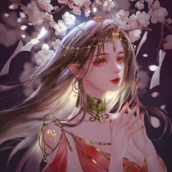 Rule 34 | 1girl, artist request, branch, cai lin (doupo cangqiong), closed mouth, collar, dark, doupo cangqiong, dress, earrings, flower, hair ornament, highres, jewelry, light, long hair, metal collar, pointy ears, red dress, second-party source, solo, upper body, white flower