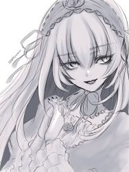 Rule 34 | 1girl, dress, frilled sleeves, frills, gothic lolita, greyscale, hairband, highres, interlocked fingers, kiru (m putorius), lolita fashion, lolita hairband, long hair, looking to the side, monochrome, own hands together, rozen maiden, simple background, sketch, smile, solo, suigintou, upper body, white background