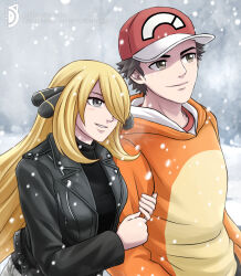 Rule 34 | 1boy, 1girl, alternate costume, blonde hair, blush, charizard, charizard (cosplay), commission, cosplay, creatures (company), cynthia (pokemon), doraneko, game freak, gen 1 pokemon, hair ornament, hair over one eye, highres, holding another&#039;s arm, hood, hoodie, jacket, leather, leather jacket, long hair, nintendo, pokemon, pokemon dppt, pokemon sm, red (pokemon), signature, smile, snow, winter, winter clothes