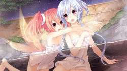 Rule 34 | 2girls, :d, :o, alyn (fairy fencer f), bare shoulders, blue hair, blush, breasts, cleavage, fairy fencer f, game cg, hair up, highres, medium breasts, multiple girls, naked towel, official art, onsen, open mouth, partially submerged, pink eyes, pink hair, purple eyes, scan, short hair, short hair with long locks, sidelocks, sitting, small breasts, smile, steam, tiara (fairy fencer f), towel, tsunako, twintails, water, wet, wings