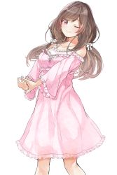 Rule 34 | 1girl, ;), bare shoulders, blush, bow, breasts, brown hair, closed mouth, collarbone, commentary request, dress, feet out of frame, frilled dress, frilled sleeves, frills, hair bow, highres, idolmaster, idolmaster shiny colors, interlocked fingers, long hair, long sleeves, medium breasts, off-shoulder dress, off shoulder, one eye closed, outstretched arms, pekoni (peconi), pink dress, red eyes, see-through, simple background, smile, solo, standing, stretching, tsukioka kogane, white background, white bow, wide sleeves