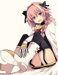 Rule 34 | 1boy, armored skirt, ass, astolfo (fate), black bow, black shirt, black thighhighs, boots, bow, braid, cape, fang, fate/apocrypha, fate/grand order, fate (series), fur-trimmed cape, fur trim, garter straps, gauntlets, hair bow, hair intakes, highres, light blush, long braid, long hair, looking at viewer, male focus, multicolored hair, oomori (kswmr), open mouth, pink hair, purple eyes, shirt, simple background, single braid, sitting, skin fang, smile, solo, streaked hair, thighhighs, thighs, trap, two-tone hair, white background, white cape, white footwear, white hair