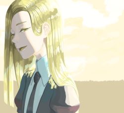 Rule 34 | 1other, absurdres, alternate hair length, androgynous, blonde hair, chrysoberyl (houseki no kuni), colored eyelashes, crystal hair, gem uniform (houseki no kuni), highres, houseki no kuni, iciriini, long hair, looking at viewer, necktie, open mouth, smile, solo, upper body, yellow eyes