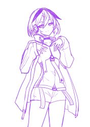Rule 34 | 1girl, absurdres, cevio, choker, ci flower, cowboy shot, flower (vocaloid), hair between eyes, hands on own chest, highres, jacket, lineart, long sleeves, looking at viewer, monochrome, multicolored hair, purple theme, short hair, shorts, solo, split mouth, streaked hair, tachi (bokarokazoku), vocaloid