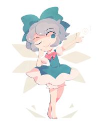 Rule 34 | 1girl, bare legs, barefoot, bloomers, blue dress, blue eyes, blue hair, bow, bowtie, circled 9, cirno, dress, full body, hair bow, one eye closed, phantasmic, puffy short sleeves, puffy sleeves, short dress, short sleeves, solo, touhou, transparent background, underwear
