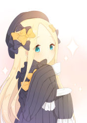 Rule 34 | 1girl, abigail williams (fate), bad id, bad pixiv id, black bow, black dress, black hat, blonde hair, blue eyes, blush, bow, commentary request, cup, dress, drinking glass, fate/grand order, fate (series), forehead, hair bow, hat, holding, holding cup, holding saucer, long hair, long sleeves, looking at viewer, orange bow, parted bangs, polka dot, polka dot bow, saucer, sleeves past wrists, solo, sparkle, tp (kido 94), upper body, very long hair