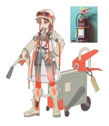 Rule 34 | 1girl, aibivy, black pantyhose, boots, braid, commentary, cross-laced footwear, dress, fire extinguisher, full body, goggles, goggles on headwear, gradient legwear, helmet, highres, holding, hose, long sleeves, looking down, medium hair, open mouth, orange pantyhose, original, pantyhose, personification, red eyes, red hair, reference inset, see-through, see-through dress, solo, sports bra, standing, symbol-only commentary, twin braids, v-shaped eyebrows, white footwear, white headwear