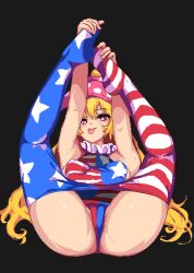 Rule 34 | 1girl, american flag, american flag dress, american flag legwear, armpits, black background, blonde hair, blush, breasts, bright pupils, closed mouth, clownpiece, covered erect nipples, dress, frilled shirt collar, frills, full body, hat, jester cap, legs up, long hair, looking at viewer, medium breasts, neck ruff, panties, pantyhose, polka dot, puck100ml, red eyes, simple background, smile, solo, spread legs, star (symbol), touhou, underwear, very long hair, white pupils
