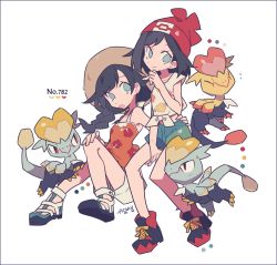 Rule 34 | 2girls, alternate color, auko, bare arms, bare shoulders, beanie, between legs, black hair, blue eyes, braid, brown hat, closed mouth, collarbone, color guide, creatures (company), dual persona, floral print, flying sweatdrops, game freak, gen 7 pokemon, green shorts, hair flaps, hand between legs, hat, heart, jangmo-o, long hair, multiple girls, nintendo, no pupils, open mouth, orange shirt, pokedex number, pokemon, pokemon (creature), pokemon sm, pokemon usum, red hat, selene (pokemon), shiny and normal, shiny pokemon, shirt, shoes, short hair, shorts, signature, simple background, smile, tank top, tied shirt, twin braids, white background, white shirt