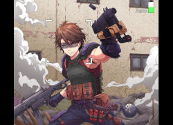 Rule 34 | 1boy, armor, belt, bespectacled, bomb, brown hair, camera, displayer, explosive, glasses, gun, highres, house, military, russian text, self-upload, short hair, smile, smoke, weapon