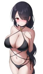 Rule 34 | 1girl, absurdres, bikini, black bikini, black choker, black hair, blue archive, blush, braid, braided ponytail, breasts, choker, cleavage, closed mouth, collarbone, commentary request, cowboy shot, criss-cross halter, embarrassed, hair over one eye, halterneck, hand up, highres, hinata (blue archive), hinata (swimsuit) (blue archive), large breasts, long hair, multi-strapped bikini bottom, official alternate costume, one eye covered, red eyes, side-tie bikini bottom, sideways glance, simple background, solo, standing, swimsuit, topgear, very long hair, white background